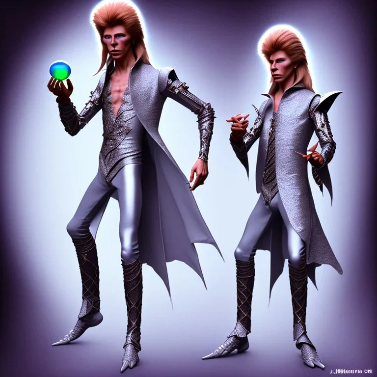 david bowie, mystical light, male model, white owl, Jim Henson's The Labyrinth, Jareth the goblin king, crystal ball in hand, wearing spandex grey leggings with a crotch bulge with fancy clothes