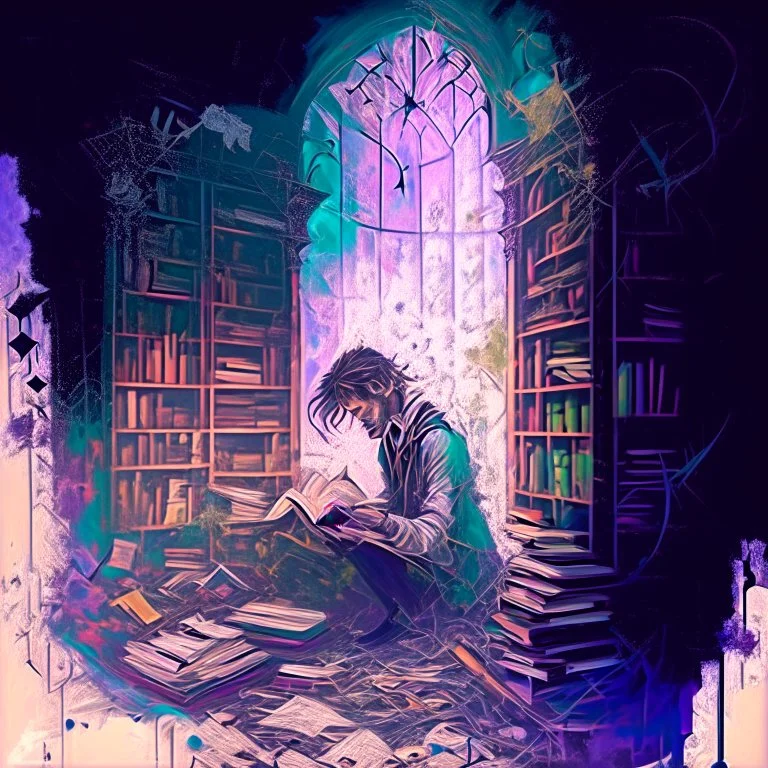 create a watercolour painting, In this artwork, a drug addict is seen in a dilapidated room surrounded by books and ancient scrolls. As they consume the substance, their mind is transported into the vast and magical library of their imagination. Each book represents a different fantasy world, and the addict becomes the curator of this ever-expanding repository of dreams.