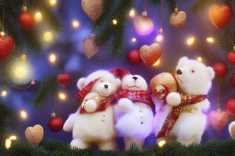 cute teddy bears holding hearts covered in sparkling gold glitter, beautiful winter composition, snowflakes, pine branches, Christmas ornaments and glowing Christmas lights