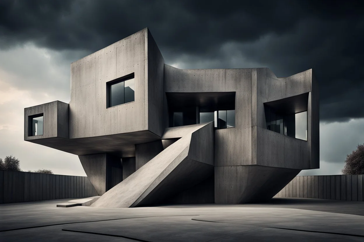 photo from high realistic strange giant asymmetrical concrete house with wide and asymmetrical unique rooftop, deep, dark and complementer colors, metalic, minimalism, random utopistic background, landscape, detailed, sharp focus, cinematic