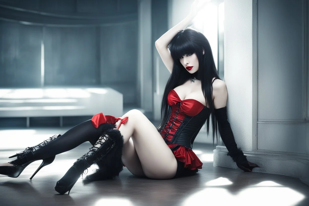 Full-body shot, of slender emo woman, lying on the floor, legs stretched out, long straight dark hair with bangs, fair skin, red lips, slender, corset, stockings, stilettos, fantasy background