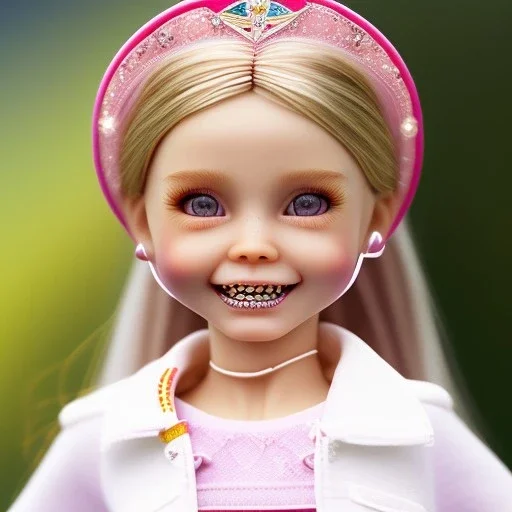 close up of yoga athlete as dollie deluxe, bright eyes, post card, toy train, two big front teeth, skin imperfection, worn skin, white teeth, princess tiara