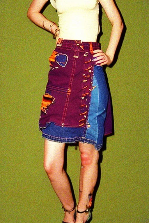 year 1996 denim fashion. Loose skirt, low waist. Combat t-shirt. Colors: denim blue, blue, purple, cream, khaki, light green, lilac, plum, orange, terracotta, red, light yellow, pink, dark blue, beige. Latex in small part. Something between camouflage and cheetah prints.. Gwen Stephani, Shirley Manson.