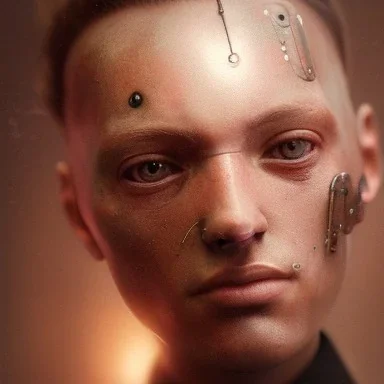 cyborg portret, high lights, rusted, diffuse lighting,polished, intricate,highly detailed, digital painting, illustration, concept art, horns,copper