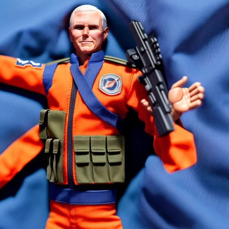 a pile of Mike Pence G.I. Joe toy Doll spaceforce uniform, orange blue fabric, guns, wall packaging for sale, bright pricetag, empty box