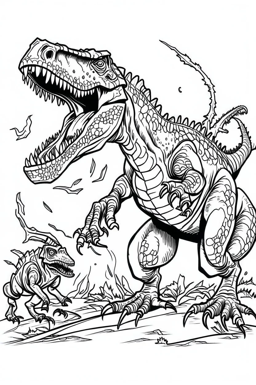 create a coloring page, white background llustrate a victorious T-Rex standing triumphantly over a defeated rival, roaring triumphantly to assert its dominance and claim ownership of the territory ink drawing clipart, simple line illustrations, colored