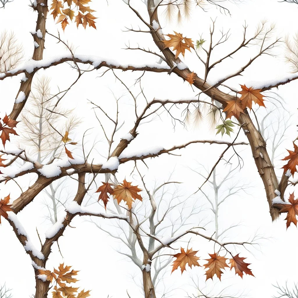 detailed Real Tree Camouflage made of sticks, twigs, tree bark, dried maple leaves, green pine branches, snow and dirt, white background, seamless repeatable texture pattern imitating a natural forest background, add details