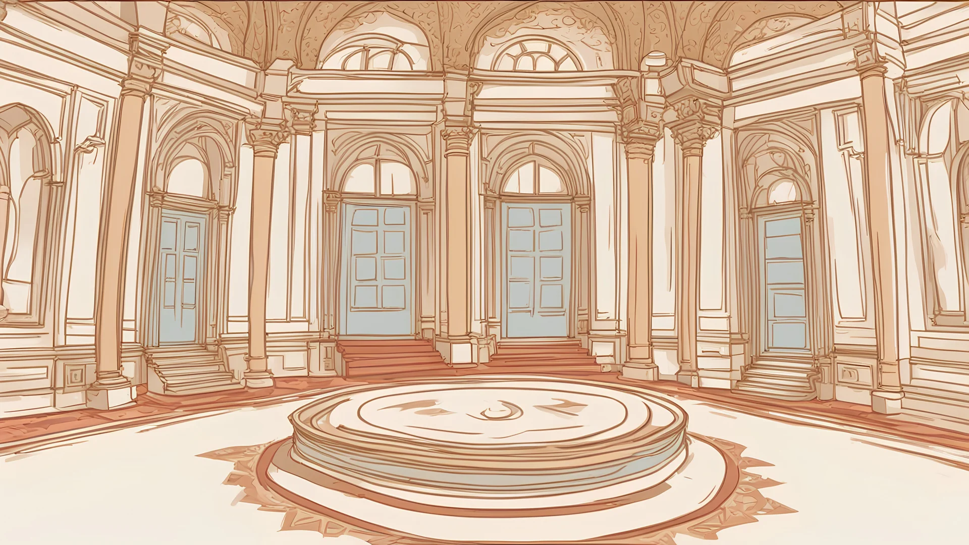 Vector. Digital painting, Istanbul. Inside royal little palace. Minimal. color. 2D animated.