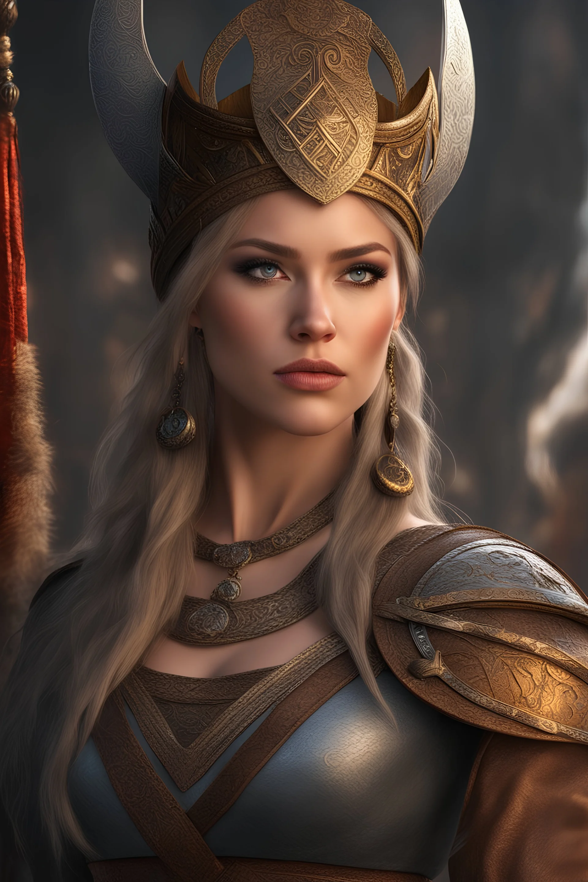 viking woman ((masterpiece)), (beauty:1.3), , UHD, 64K, hyperrealistic, vivid colors, , 8K resolution, throne room background with hieroglyphics, HDR depth, ultra detail, commanding regal aura, real photo