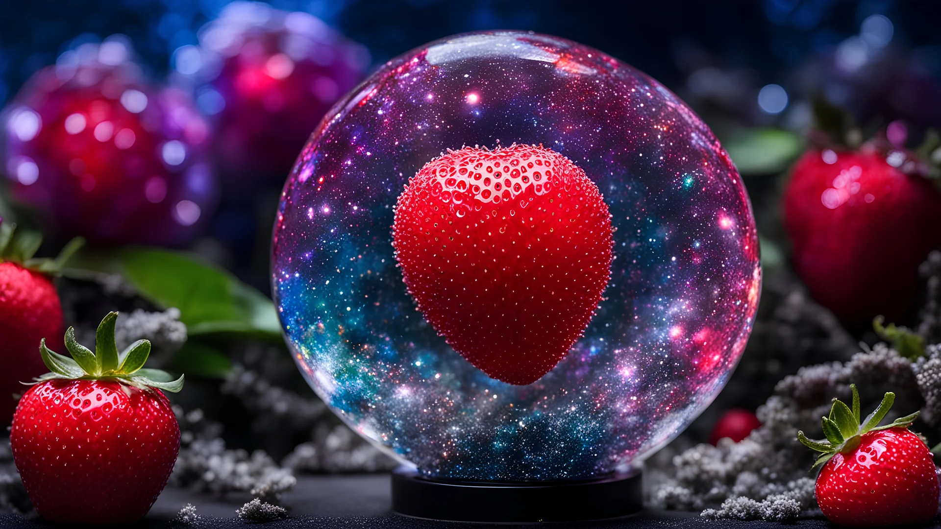 A realistic photo of (intricate transparent glass interstellar nebula Strawberry statue made of galaxies, flora and fauna, hyper realistic, ultra detailed, elegant, beautiful, 1 tail)), photo is taken with a Canon EOS R5 and a Canon RF 100-500mm f/4.5-7.1L IS USM lens, ultra high quality, ultra high detailed ,Stained Glass, snowflake textured Glas, colored glass pieces, product scene, translucent, transparent, glass orb, black haze, blue haze, red haze, paths, patched planet, stars, saturn plane