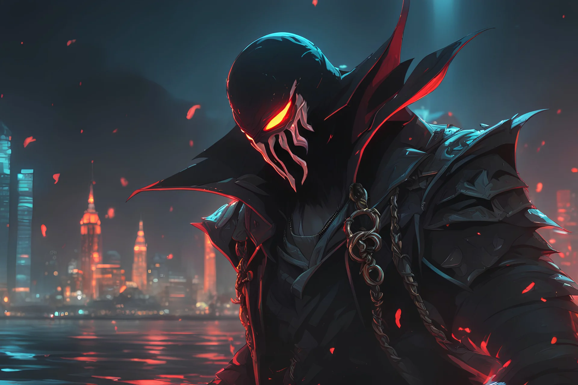 Pyke venom in 8k solo leveling shadow artstyle, pirate them, mask, close picture, sea, neon lights, intricate details, highly detailed, high details, detailed portrait, masterpiece,ultra detailed, ultra quality