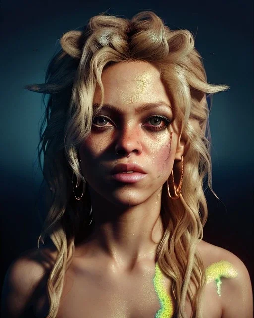 portrait, Shakira, blonde artist, angry, Realistic image, make-up make-up, gold line make-up, sweat, fog, goddess style, Neon colors, leds. Black background, photo studio, concept art, smooth, unreal engine 5, god lights, ray tracing, RTX, lumen lighting, ultra detail, volumetric lighting, 3d, finely drawn, high definition, 4k.