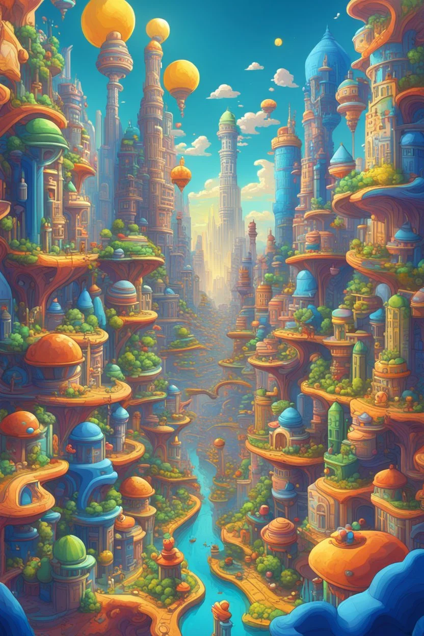 Vibrant digital art inspired by Super Mario Land, set in a fantastical, sprawling metropolis, rendered in a cartoonish style with exaggerated features and bold lines, bathed in radiant, electric hues of cerulean, amber, and chartreuse, evoking a sense of whimsy and wonder, with towering skyscrapers, winding roads, and fluttering Mario-esque flags, all infused with an epic, cinematic quality, as if plucked straight from a fantastical dream world, with hints of magical fog and radiant sunshine.