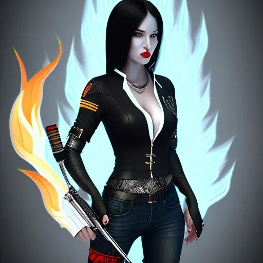 black hair lady hunter short top with fire