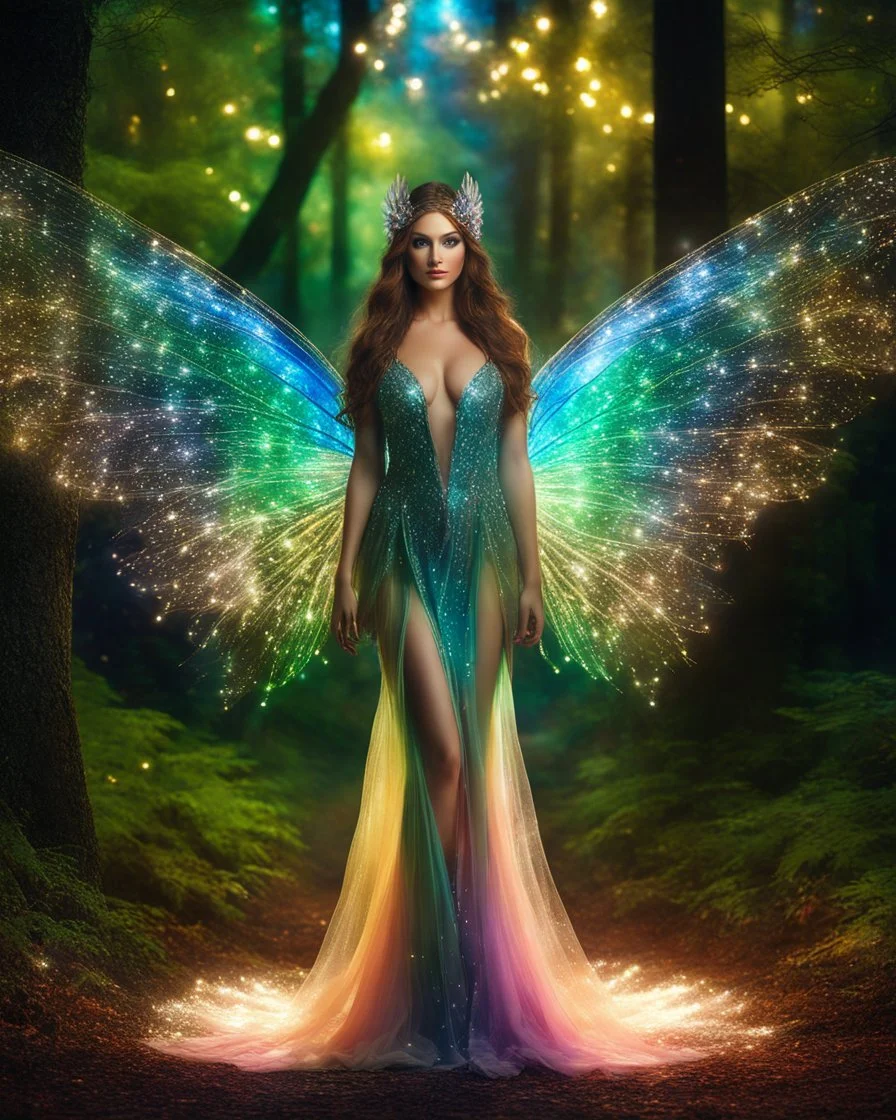 Front view night photoshoot Gorgeous Photography Ultra Realistic Natural Skin Beauty, Beautiful Fairy woman straddle wings with gown shiny brown flowing hair, glitter colorful fairy wings, lovely glowing green eyes, surrounded by magical colorful forest and flickering lights, digital photography, kaleidoscope, vibrant colors, vivid colors, colorful,glowing in the darkness midnight magic lights wonderfull wonderland forest ,full sparkling light, close-up portrait