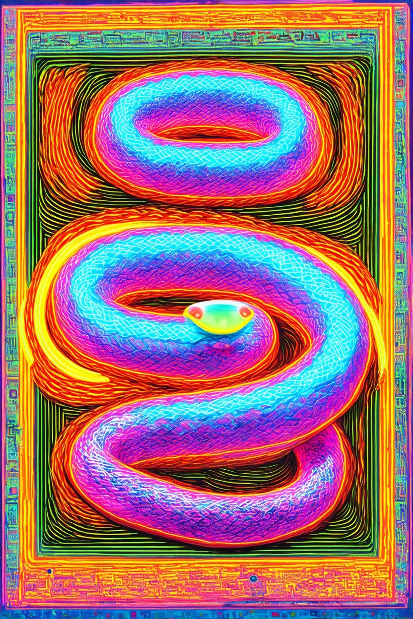 "Massive delusions in the form of a neon snake"; hallucinogenic optical art depicting the failure of western society contrasted to the bandwidth of consciousness, which is a playful pastel Post-Impressionistic background surrounded by surreal elements inspired by an admixture of Hundertwasser and Klee