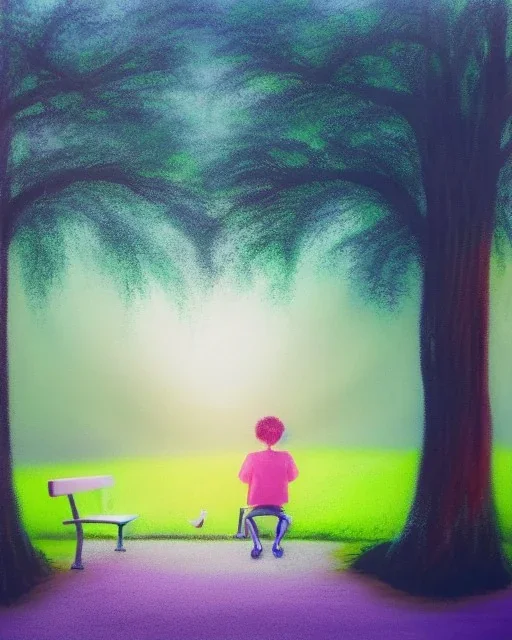 park mystical dream, park bench, man, woman, child, dog, trees, path, bird, sunshine, mystical, fantasy, romanticism, pastel colors, daylight, daytime, acrylic painting, detailed, soft focus,