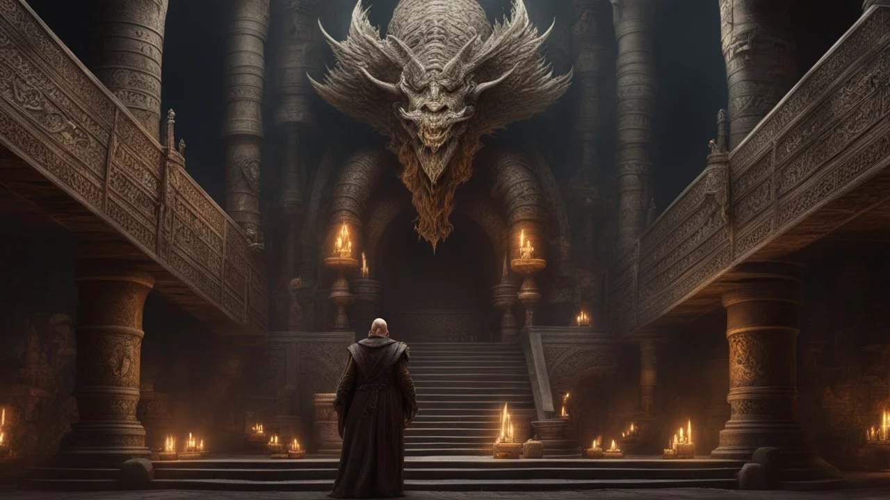 The dwarf priest known as The Lord of Bones walking through his underground temple, that is made of dragon bones. intricately sculpted, exquisite realism, fantasy art. Epic cinematic brilliant stunning intricate meticulously detailed dramatic atmospheric maximalist digital matte painting