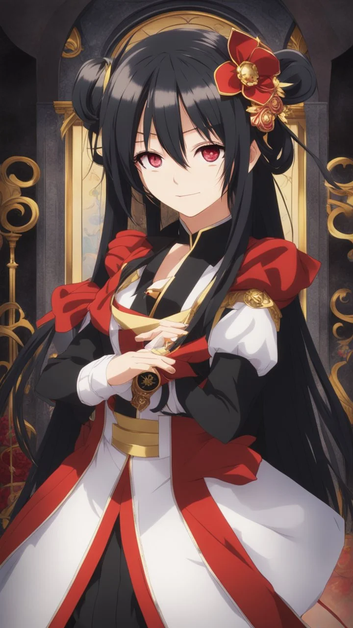 Tokisaki Kurumi appears to be elegant and has very polite manners, ivory skin and long, evil smile, crazy smile, black hair usually tied in long twin tails, deferent Eyes colors, right eye is red-tinted color, left eye appears as a golden color, inorganic clock face, a girl with astonishing beauty, wearing her astral black and red dress 'Elohim', left golden eye, in dreamshaper finetuned model with dynamic art style witg