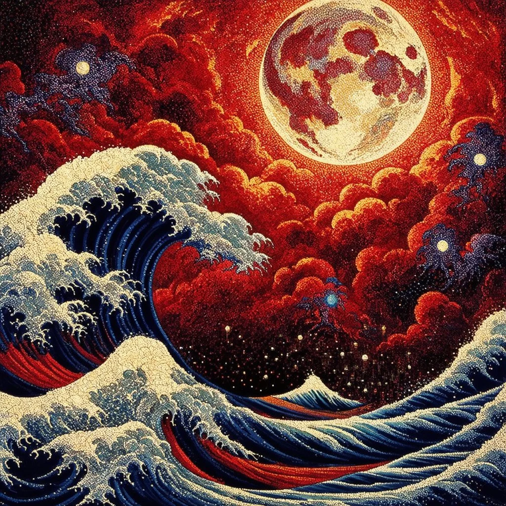 Red Skies at Night: A single integrated pointillist image, animated waves and storm clouds partially occludes the huge moon, nighttime over a trippy tilted storm at sea, strong style of pointillism, style of Mikalojus Konstantinas Ciurlionis, style of Miriam Schapiro, style of Naomi Okubo