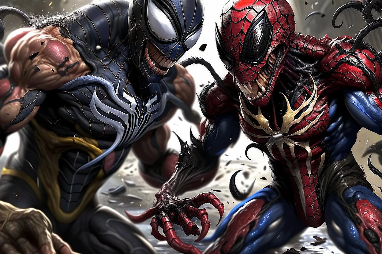 Imagine/ venom and spiderman in a battle ,Hyper-detailed ,8k, by xanuth