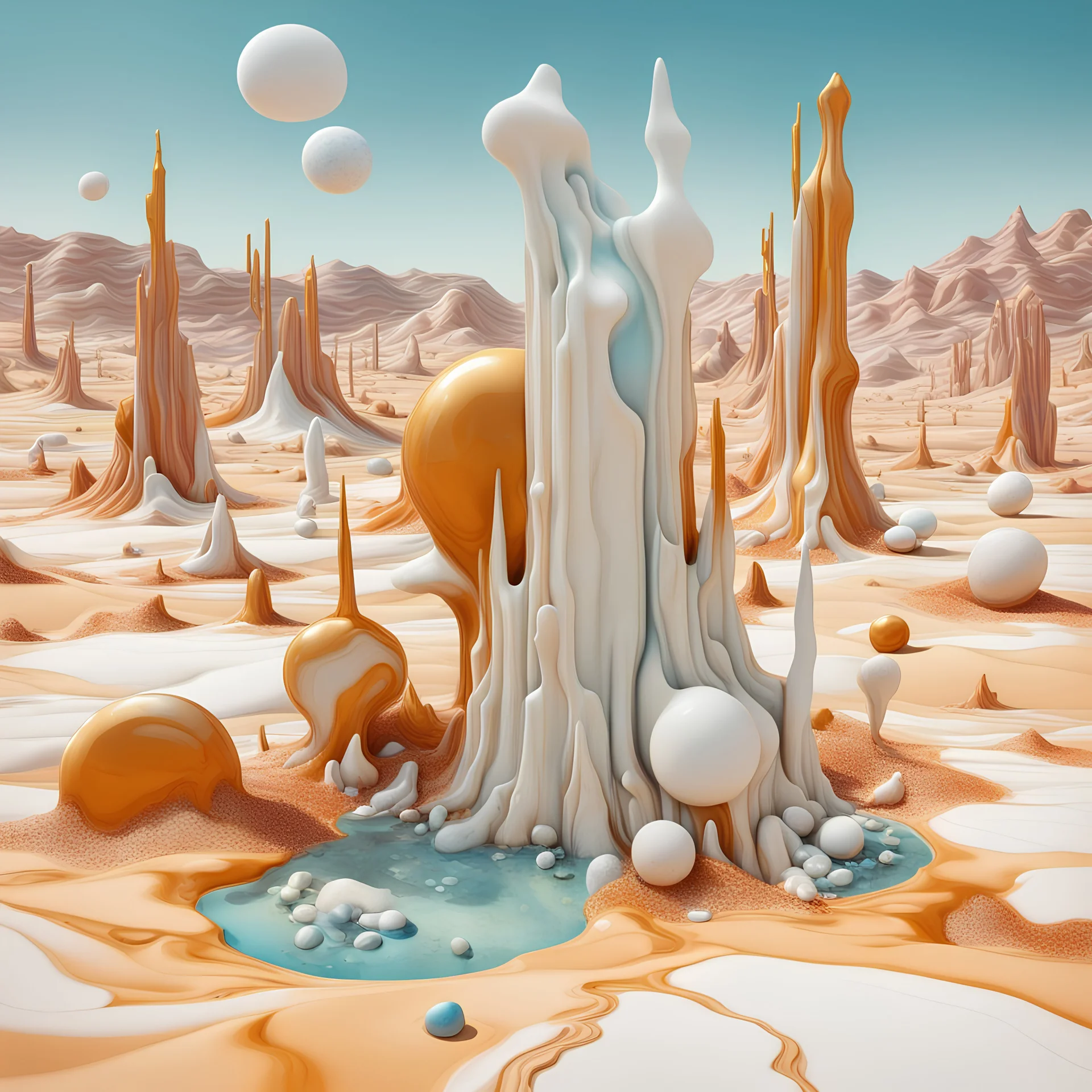 Bright, glittering, 3d, marble-like, surreal objects in a bright environment, desert, noon light, melting cream, Yves Tanguy style