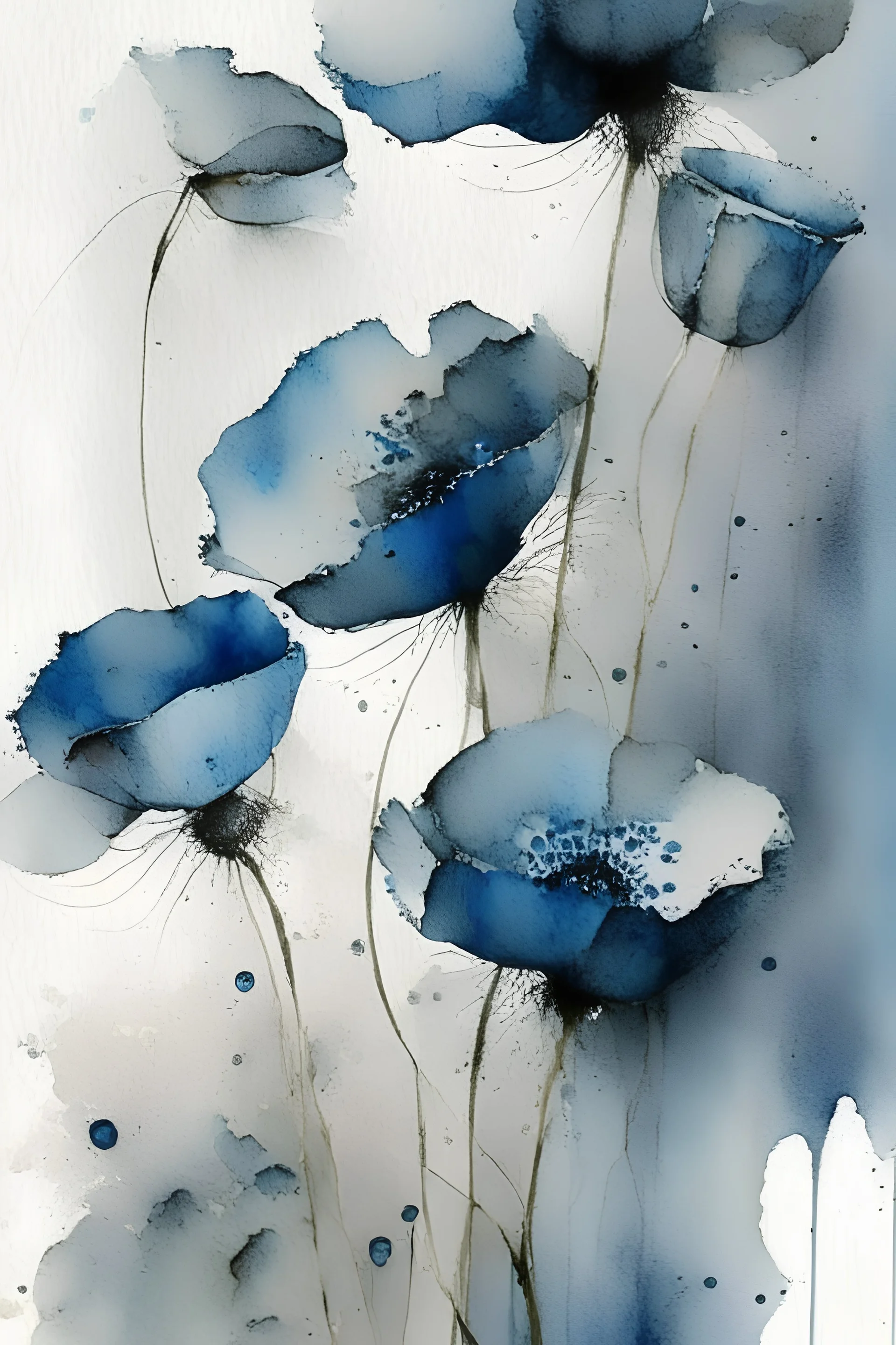 Abstract wet watercolour, grey blue poppies