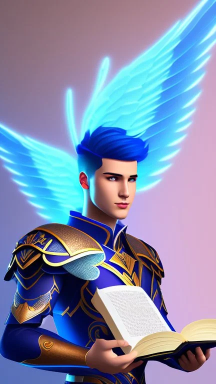 a human male with blue short hair and blue wings in assymetrical armor with geometric patterns and a book in hand, geometric wings