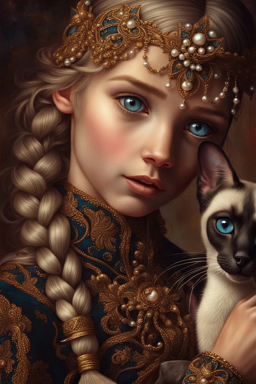 young girl with blonde braided hair and ornate headband, adorned with golden and pearl detailing, closely interacts with a Oriental shorthair Siamese chocolate point cat with vivid blue eyes. The style is hyperrealistic and impressionistic, with a focus on rich color palettes and detailed textures. Golds, browns, and blacks dominate the scene, creating a warm and mystical atmosphere. The girl's dress has intricate, decorative details, almost like a rich embroidered or embellished garment, with r