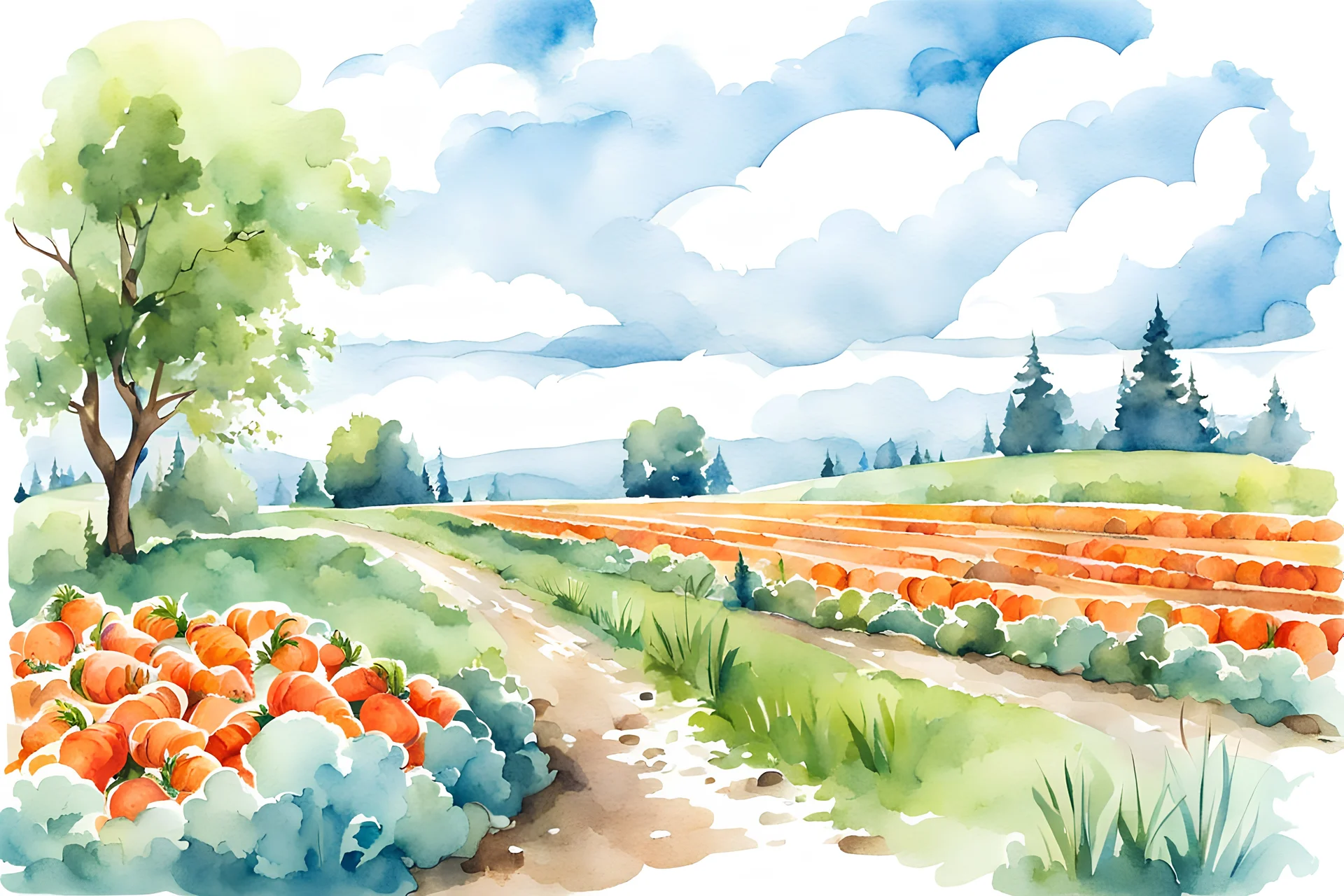 landscape path with carrots field clouds in the blue sky. Cartoon style. watercolor.