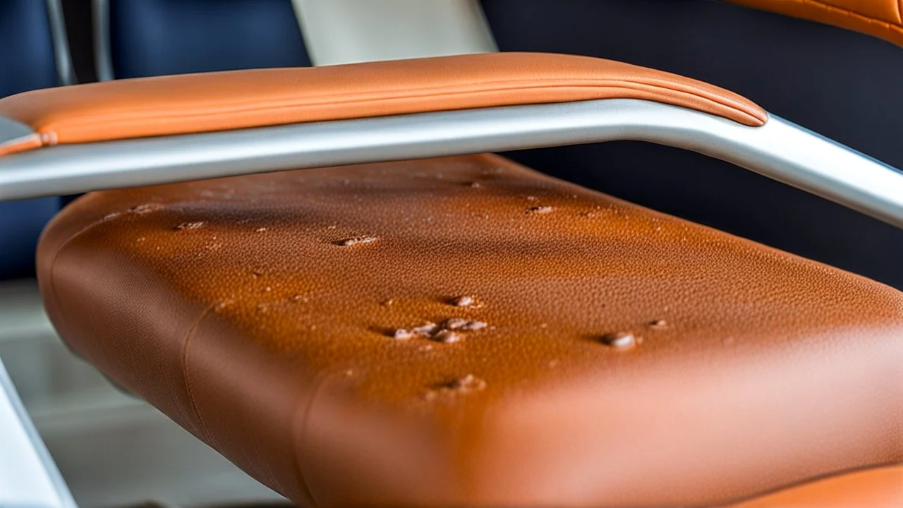 close up on rusty wet spot on airplane seat cushion