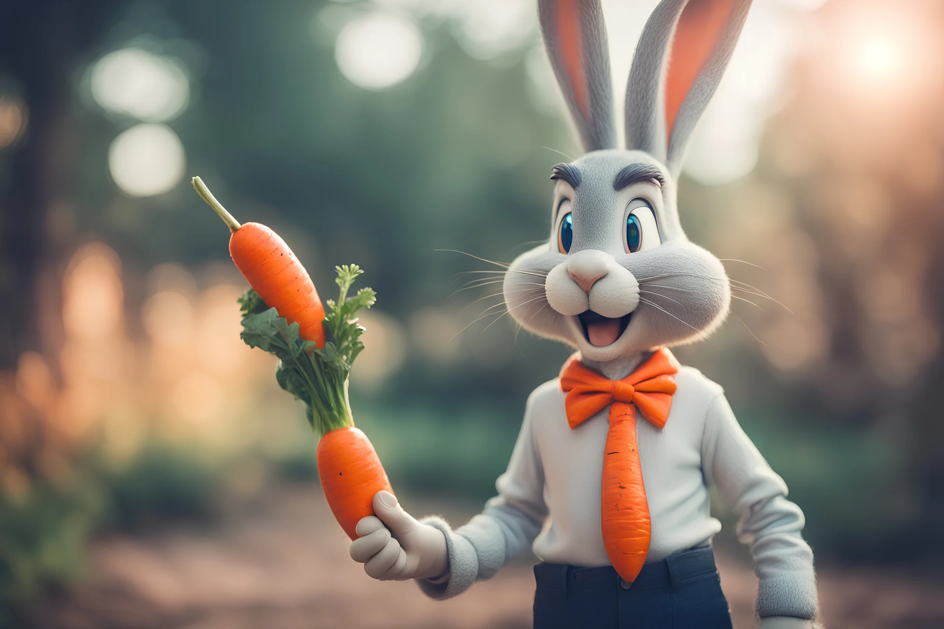 Bugs Bunny holding holding a large carrot in his hand in front of his trousers, with the tip pointing towards us, ethereal, cinematic postprocessing, bokeh, dof