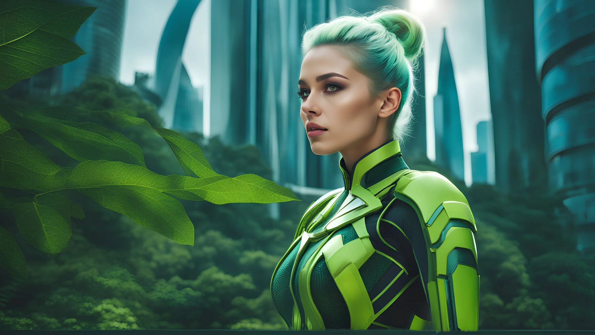 realistic photography sophisticated real photo, daylight, mid portrait realistic cyber Ukrainian girl observing an event, eyes focused: pony tail iridescent green hairstyle gorgeous appealing midriff futuristic costume, background is her futuristic city mega city made of domes with hanging vegetation forest ecology city, stunning intricate meticulously detailed dramatic digital illustration volumetric lighting, 250 megapixels 8K resolution, back-lit soft lights, depth of field image