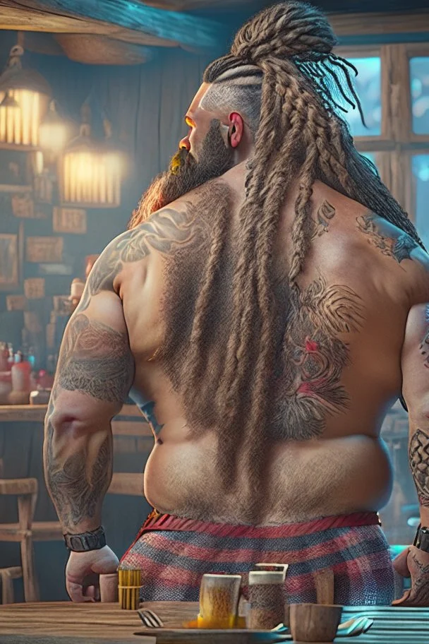 full body shot back view photography of a burly stocky giant gipsy lumberjack tattoed 55 years old , in italian restaurant, shirtless with swimwear, dreadlocks, long beard, emotive eyes, big shoulders, big fat bump, ambient occlusions, photorealistic