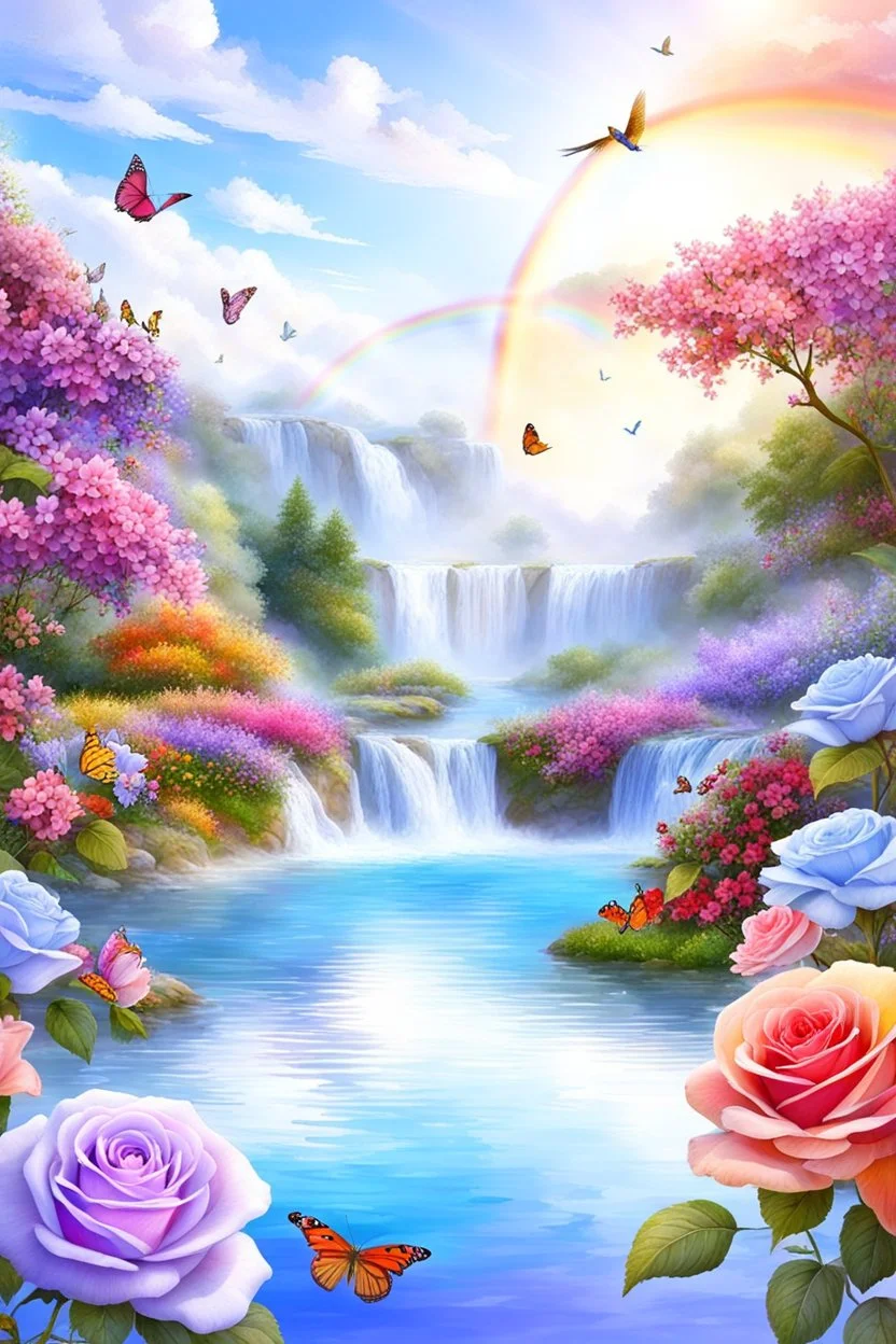 Trés belles roses, rainbows, beautiful colors gardens , flowers, cascades,Birds, butterfly