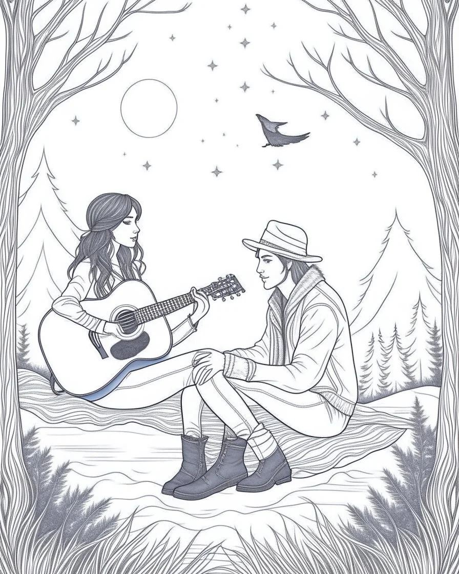 Coloring page: Enchanting scene: Young man playing acoustic guitar beside a campfire WITH A woman AND wolf in a snowy setting, 1:1, fantasy,
