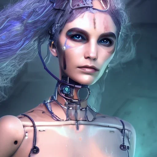 portrait, beautiful famale robotic sirene, pretty face, post-apocalyptic in a cyberpunk city, realistic, intriacte detail, sci-fi fantasy style, volumetric lighting, particales,highly detailed,cinematic, deep blue, steampunk, 4K resolution.