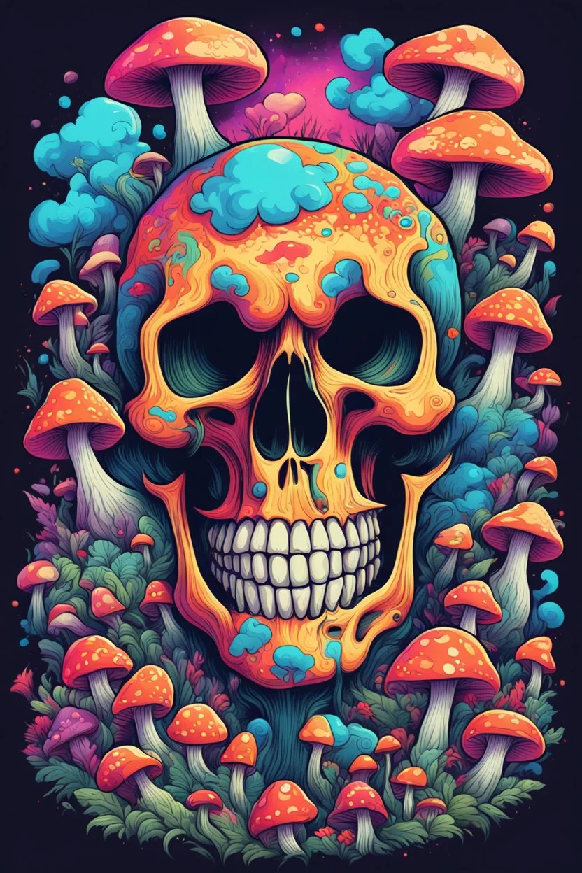 Psychedelic skull looking high and grinning, surrounded by clouds and overgrown with psychedelic mushrooms. Birds flying around the skull. Digital drawing. Colorful. t-shirt design. Cartoon. Digital cartoon. Mid detailed. Super happy. Cheerful. Light hearted. Colorful. Vibrant colours.