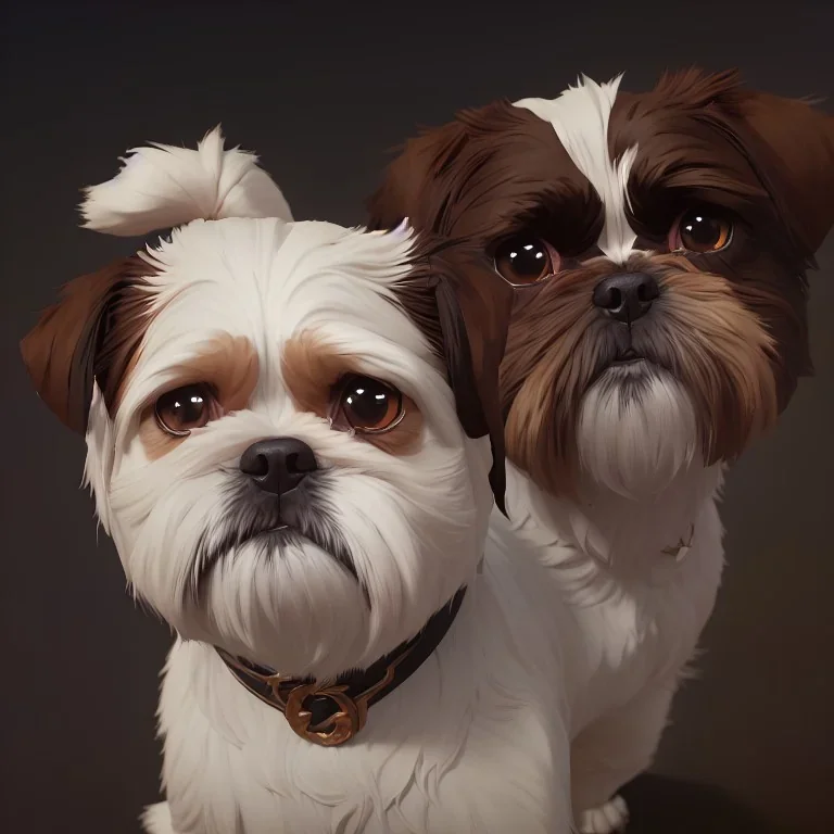 A portrait of a shih tzu white and brown dog by Greg Rutkowski, Sung Choi, Mitchell Mohrhauser, Maciej Kuciara, Johnson Ting, Maxim Verehin, Peter Konig, 8k photorealistic, cinematic lighting, HD, high details, dramatic, atmosphereric, trending on artstation