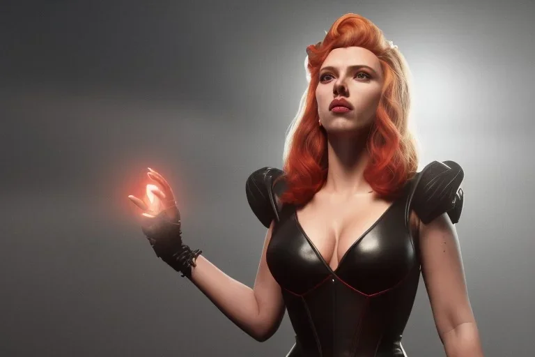 Scarlett Johansson as evil queen in black leather gown, cleavage, angry, stern look unreal 5, octane render,cinema4d, dynamic lighting, dramatic lighting, 4k, redshift render, highly detailed, hyper realistic, in space