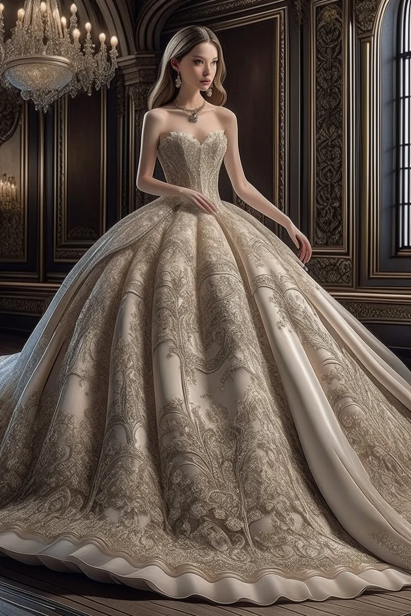 Imagine a stunning and opulent ball gown-style wedding dress fit for a fairytale princess. Envision a voluminous skirt with multiple layers of luxurious fabric, creating a dramatic and majestic silhouette. The bodice should be intricately adorned with lace, beading, or embroidery, providing a touch of romance and sophistication. Consider incorporating a sweetheart neckline and perhaps off-the-shoulder sleeves for an added touch of elegance. Describe the details of the back, whether it features a