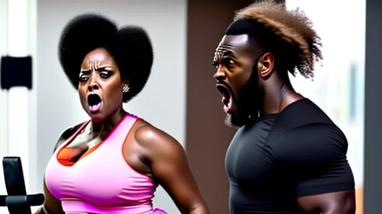 angry black lady screams while talking to Tyrone using workout machine on the phone