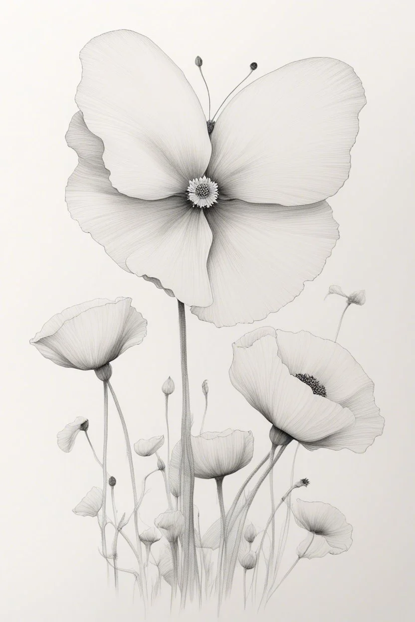 A white butterfly Minimalist white ink pencil and white drawing of white poppies in a white background