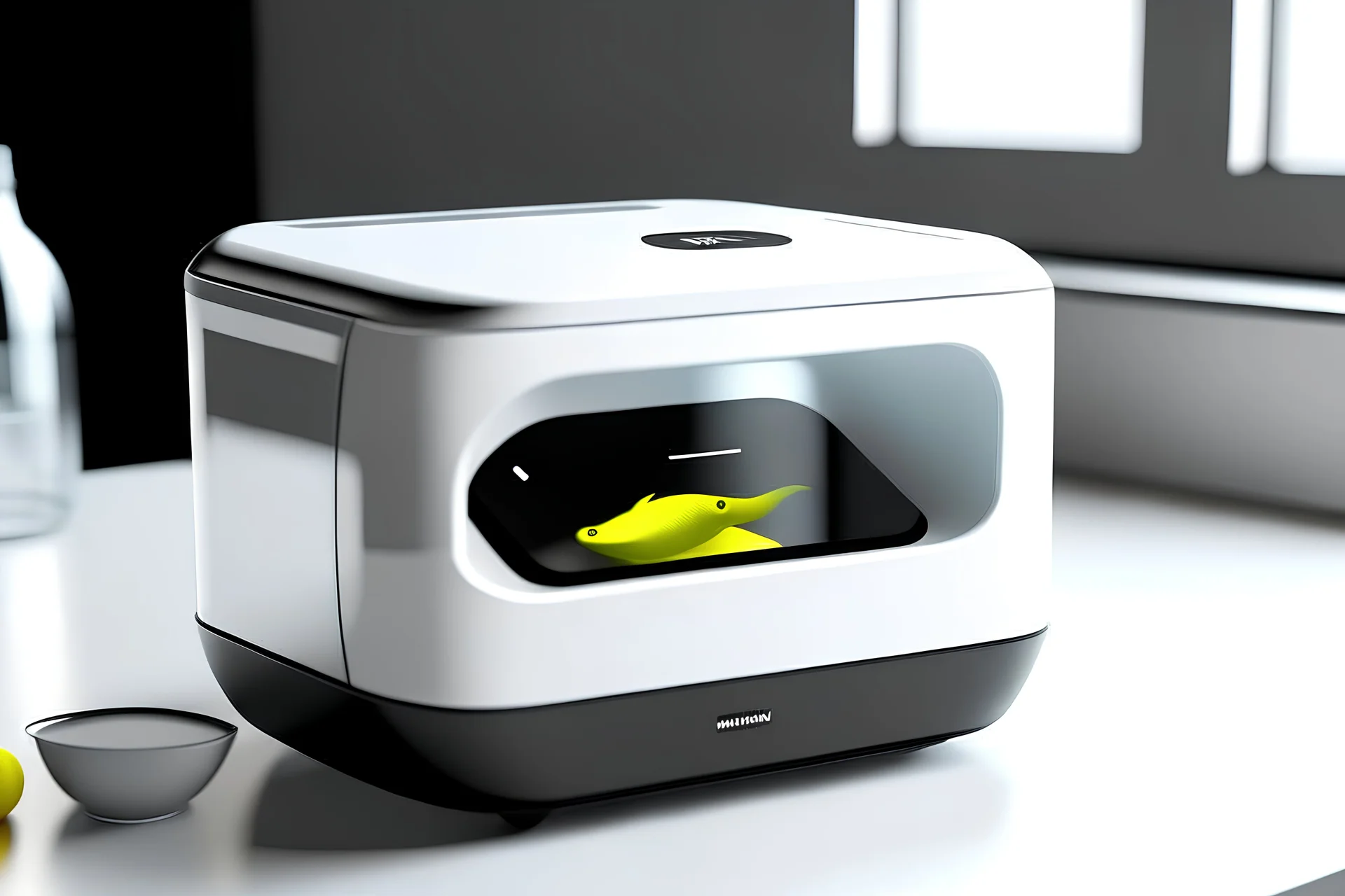 product design render on the table in the kitchen, A white color product that is rectangular parallelepiped with rounded corners, some mackerels visible through the product's open lid, with a black touch display on the front side of procuct whit a radioactive icon on it, minimal disign of white color, with a lid that opens upward with a hinge, a fine uv light inside the product, photorealistic
