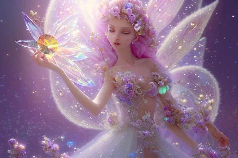 one big crystal subtle flower in a galactic ambiance above a very little beautiful fairy, transparent petals, delicate colors, in the foreground, full of details, smooth, bright sunshine，soft light atmosphere, light effect，vaporwave colorful, concept art, smooth, extremely sharp detail, finely tuned detail, ultra high definition, 8 k, unreal engine 5, ultra sharp focus