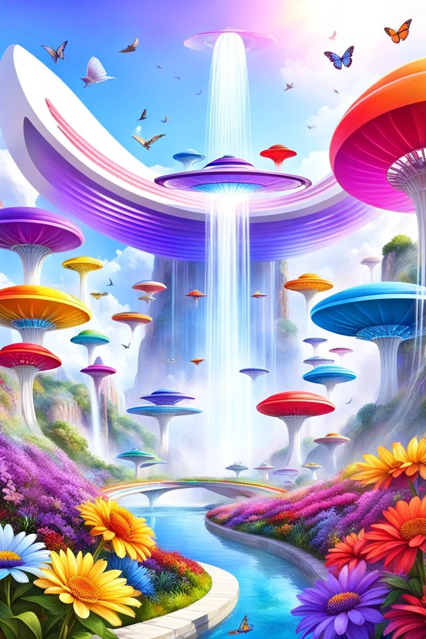 colors, very beautiful, flowers garden,rainbow, cité très futuriste ultra moderne, ufos rainbow, ufos fleet, intergalactic, birds, butterfly, cascades, falls