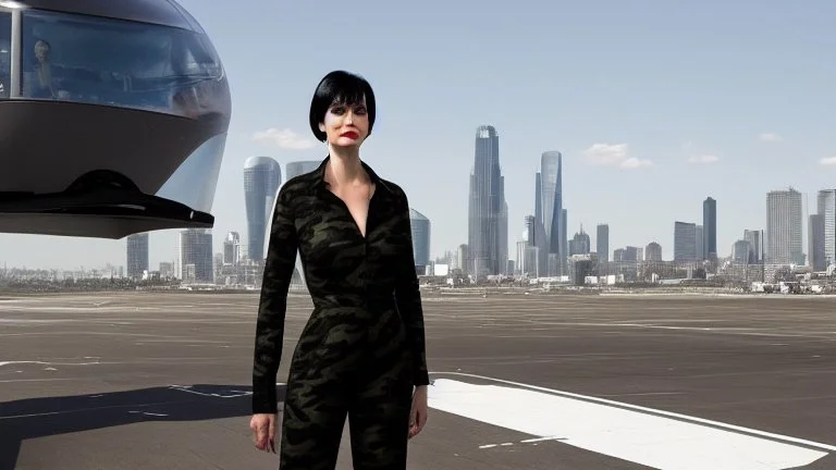 Tall thin woman, with straight black hair, dressed in a camouflaged jumpsuit, looking out from the rear of a futuristic aircar, on a tarmac runway, with a city skyline in the distance