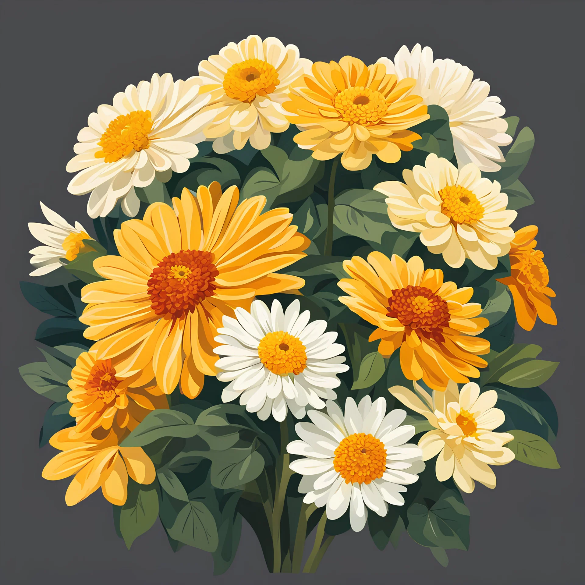 Vector illustration, Flat illustration, Illustration, Bunch of large zinnias, oil painting, Georgia O'Keeffe style, shades of yellow-white color, (((Earthy and natural color palette)))