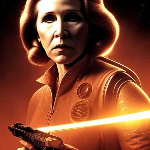 Actress , sci-fi, cyberpunk , carrie fisher , golden hour, circuitry