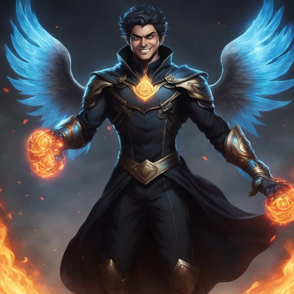 A 25 years boy persian in matte black robes with flaming eyes with grin with flaming light blue pupils stands atop a squire Two infinity gauntlets contain six infinity stones, one of which is made with nano In the hands of a powerful man walking While standing on a majestic height from afar With two big wings